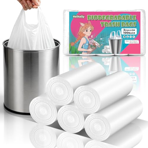 3 Gallon Small Trash Bags Bathroom Biodegradable With Handles - color: Bio-3Gal-White100