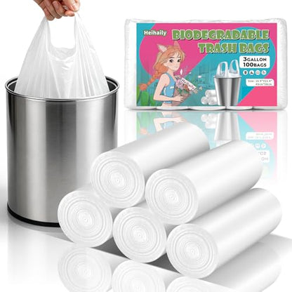 3 Gallon Small Trash Bags Bathroom Biodegradable With Handles - color: Bio-3Gal-White100