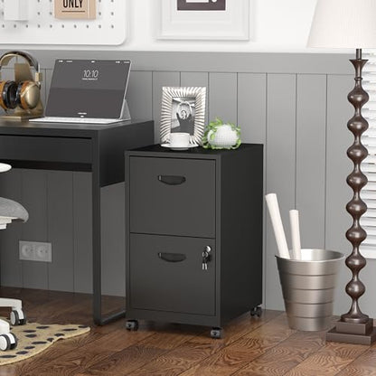 SteeLoong 2 Drawer File Cabinet,Metal Mobile File Cabinet with Lock Black - color: Black, style: 2 Drawer on Wheels
