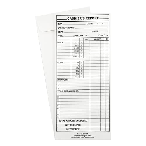 500 Cashier Depot - Cashier’s Report Envelopes MT235 – 4 1/2" x 10 3/8", White 24lb Paper, Cash Deposit Report, Money Envelopes for Retail, Restaurants, Hotels, Small Business, Gum Flap, 500 Count