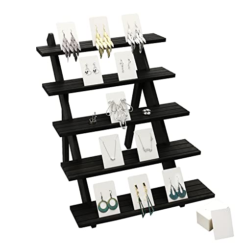 101pcs 5-Tier Wood Earring Display Stand, Retail Display Riser Earring, Ring Holder Stand, Removable Countertop Small Merchandise Display Stand with 100 Pcs Earring Card (Brown color) - color: Brown