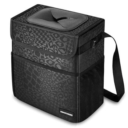 SIBOFUEGO Sturdy Car Trash Can with Lid, Collapsible, Leak-Proof, 3 Gallon - color: Black Leopard, size: 3 Gallons