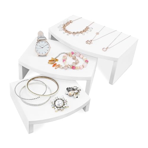 MOOCA 3-Piece Wood Hexagon Jewelry Display Stand Risers for Accessories - color: White