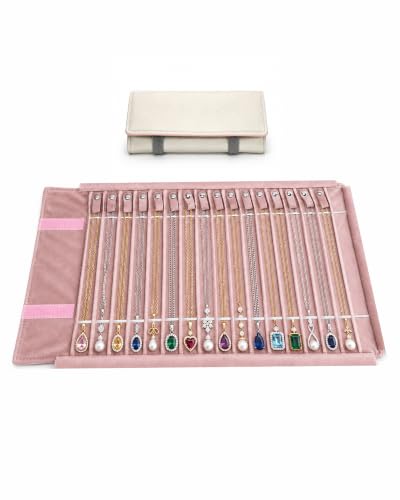 Travel Necklace Organizer, Tangle Free Jewelry Case, 16 Slots - color: gray PU and pink