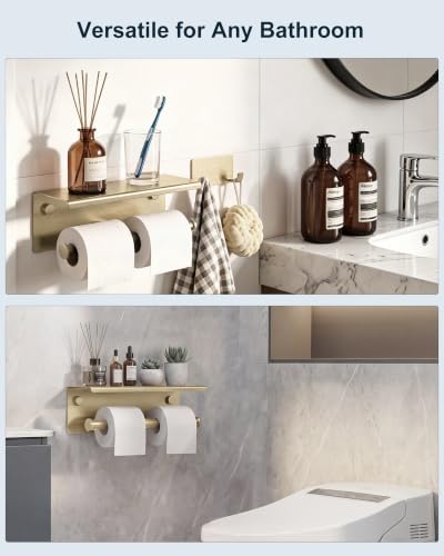 Double Toilet Paper Holder with Shelf Brushed Gold Large Tissue Roll Holder - color: Brushed Gold