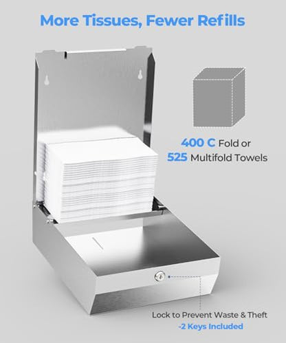 Paper Towel Dispenser Wall Mount, Brushed Stainless Steel Commercial Paper Towel Holder with Lock for Multifold/Trifold Towels, Large Capacity for Bathrooms & Public Places - color: Silvery