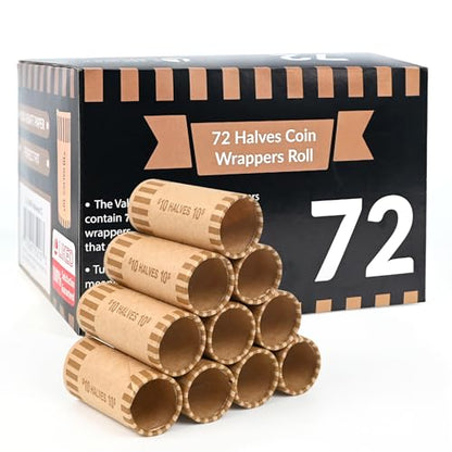 LLIKED 72 PCS Preformed Coin Wrappers Rolls-Halves, Brown - size: 72 Halves Coin Rolls