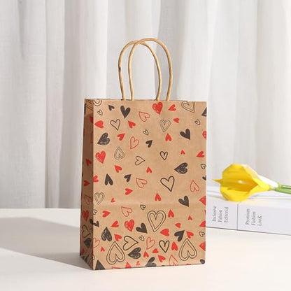 piqiya 24pcs Valentine Gift Bags Bulk,Kraft Paper Gift Bag with Handle,Valentines Gift Bags for Gift Wrapping,Anniversary,Valentine‘s Day Party - color: mix heart