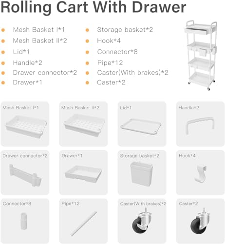 Sorgion 4 Tier Rolling Cart Organizer,Art Craft Diaper Bedside Snack Laundry Room Bathroom Organizer Narrow Thin Slim Rolling Trolley Utility Cart with Wheels for Kitchen,Office(White) - size: 4Tier-White