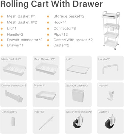 Sorgion 4 Tier Rolling Cart Organizer,Art Craft Diaper Bedside Snack Laundry Room Bathroom Organizer Narrow Thin Slim Rolling Trolley Utility Cart with Wheels for Kitchen,Office(White) - size: 4Tier-White