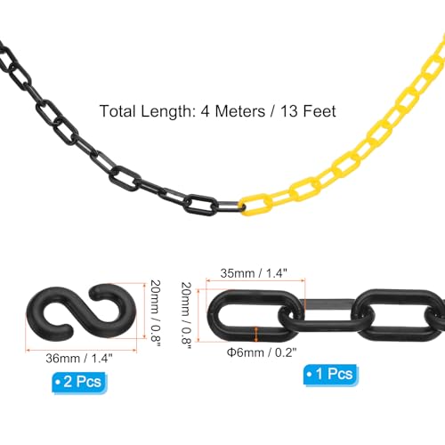 PATIKIL 13Ft Plastic Chain Barrier, Safety Link Chain with 2 S-Hooks for Crowd Control at Driveway Elevator Parking Lot, Black Yellow - color: Black Yellow