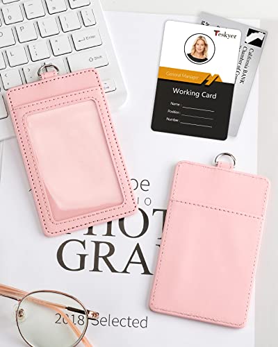 Teskyer Leather ID Badge Holder with Lanyard, Vertical Starry Pink - color: Starry Pink, size: Vertical