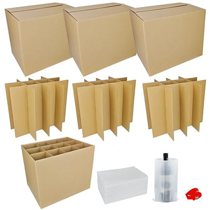 3 Sets Moving Boxes Packing Boxes Divider Kits,16 x 12 x 13 Inch Glassware Dish Packing Box Kitchen Moving Box Corrugate Dividers with 36 Pcs Foam Pouches,1 Pcs Tape Rolls with Dispenser - size: 16x12x13In-Wine Packaging