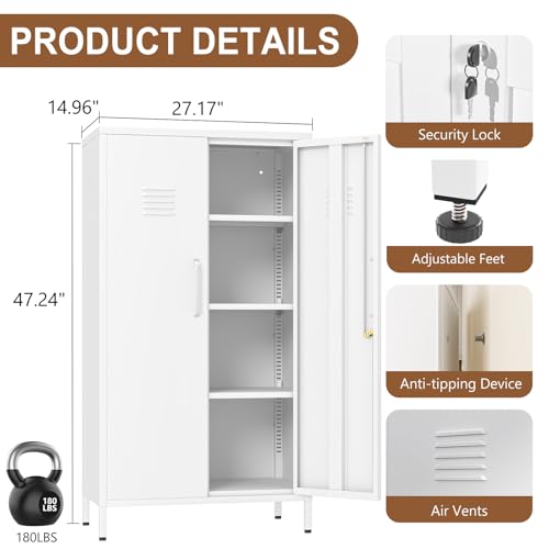 pozdeg 47.24" White Lockable Small Metal Storage Locker - color: White, size: 14.96"D x 27.17"W x 47.24"H