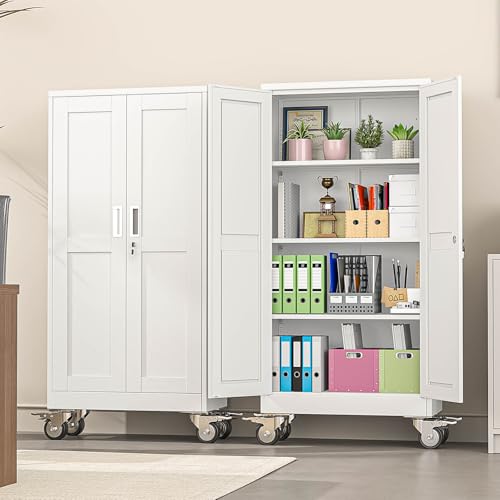 pozdeg 61" White Lockable Rolling Metal Garage Storage Cabinet - color: White, size: 13.78"D x 27.56"W x 61"H