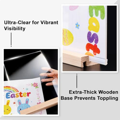 Daletu Acrylic Sign Holder 5x7 with Wood Base | 3 Packs Acrylic Tabletop Display Stand, 2 in 1 Vertical or Slant Clear Plastic Sign Frame Holder for Flyer, Menu, Retail, Buffet, Vendor, Wedding, Party - size: 3PCS (5"x7")
