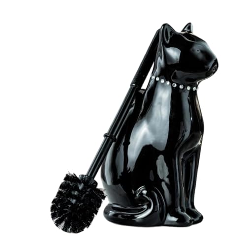 Comeon Ceramic Cat Toilet Brush and Holder Set, Plastic Handle, Black - color: Black, size: Cat
