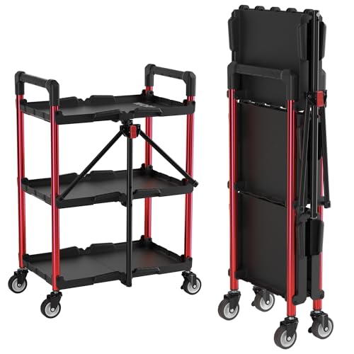 WORKPRO 3-Tier Collapsible Utility Cart, 210 LBS Cart with Wheels - color: Black/Glossy Red