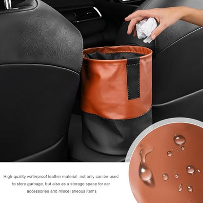 Collapsible Car Trash Can, Waterproof Leather Auto Garbage Bin with Elastic Band & Hook, Retractable Hanging Garbage Organizer Trash Container for Vehicle Home Outdoor