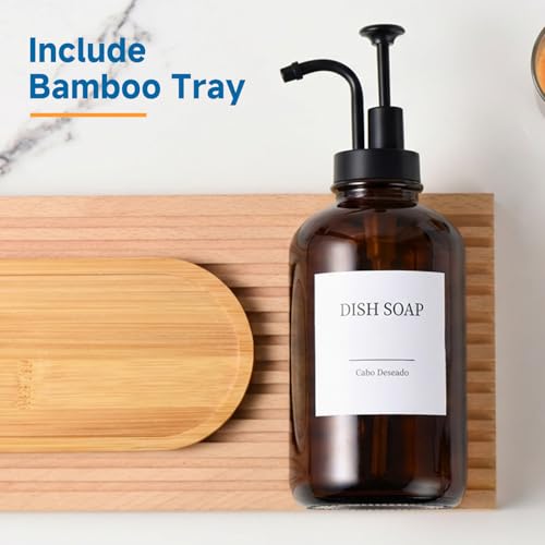 Glass Soap Dispenser with Pump, Dish and Hand Soap Dispenser for Kitchen Bathroom Set, Clear Glass Dispenser Set of 2 Pack with 18 Stickers Funnel Bamboo Tray 500ml 18oz Amber - color: Glass Amber