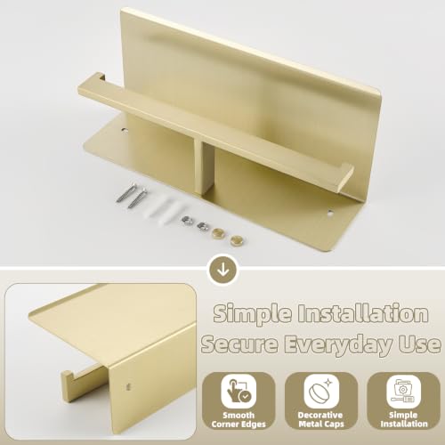 APLusee Brushed Gold Double Toilet Paper Holder with Shelf, 304 Stainless Steel Wall Mount Tissue Roll Holder for Bathroom - color: Brushed Gold, size: Double Rod