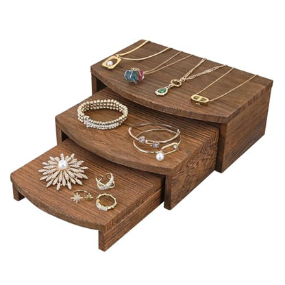 MOOCA 3-Piece Wood Hexagon Jewelry Display Stand Risers for Accessories - color: Brown