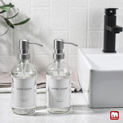 GMISUN Glass Soap Dispenser with Pump, 2 Pack Clear Bathroom Hand Soap Dispenser with Stainless Steel Pump, 17 Fl Oz Refillable Kitchen Hand and Dish Soap Dispensers Set, Modern Liquid Pump Bottles - color: Clear Bottle + Silver Pump, size: 2 Pack