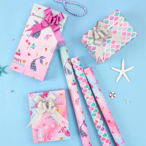 WERNNSAI Mermaid Wrapping Paper, 3 Rolls x 10' Wrapping Paper Birthday Girl - color: Blue Mermaid
