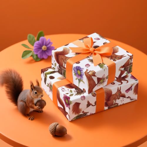 WRAPAHOLIC Squirrel Wrapping Paper Roll - Mini Roll - 17 Inch x 16.5 Feet - Squirrels Animals and Flower Wrapping Paper Perfect for Birthday, Baby Shower, Wedding - color: Squirrels & Flower