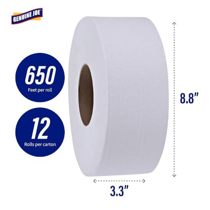 Genuine Joe Jumbo Roll Bath Tissue - 2-Ply White Toilet Paper, 3.3" x 650' per Roll, 12 Count Bulk Pack, Recycled Fiber, Commercial Grade for Dispensers - size: 3.25" x 650' (Pack of 12)