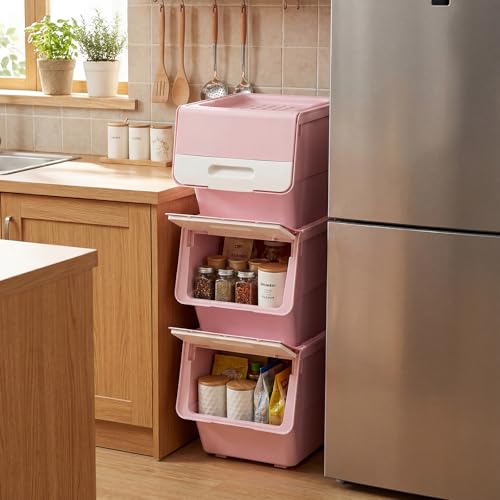 GIANTEX 3 Pack Plastic Stackable Storage Bins with Lids & Wheels, 12.5 QT - color: White + Pink, size: 3 Pack, 12.5 QT
