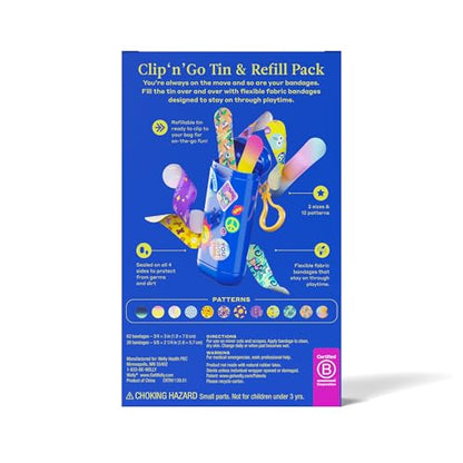 Welly Bandage Clip N' Go Tin & Refill Pack | Adhesive Flexible Fabric Bandages and Tin | Assorted Shapes and Patterns for Minor Cuts, Scrapes, and Wounds - 100 Count