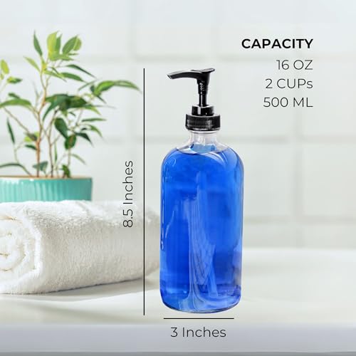 Cornucopia Brands 16-Oz Clear Glass Pump Bottles (2-Pack); Refillable Soap Dispenser Black Lotion Pump Transparent Boston Round Bottles + Chalk Labels & Lids