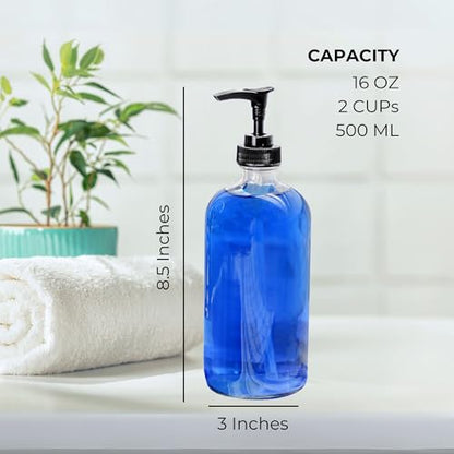 Cornucopia Brands 16-Oz Clear Glass Pump Bottles (2-Pack); Refillable Soap Dispenser Black Lotion Pump Transparent Boston Round Bottles + Chalk Labels & Lids