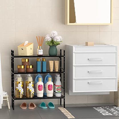 Redrubbit Large Expandable Cabinet Storage Shelf, Adjustable Height Steel Metal Kitchen Counter Organizers Shelves Spice Rack for Kitchen Pantry Bathroom Cupboard Desk Home Office, Black-3 Pack - color: Black