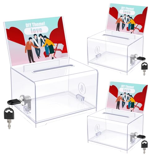 Uniclife 3 Pack 6.2"x 4.7" x 4" Clear Acrylic Donation Box with Lock Slot - color: Clear, size: 3 Pack