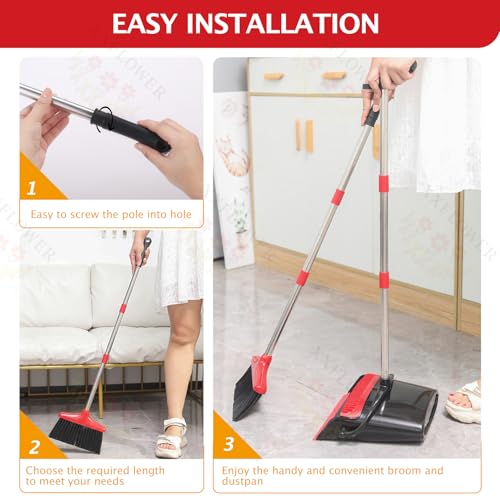 Broom and Dustpan Set,54.72"Long Handle,Standing Dustpan,Black&Red - color: Red Black