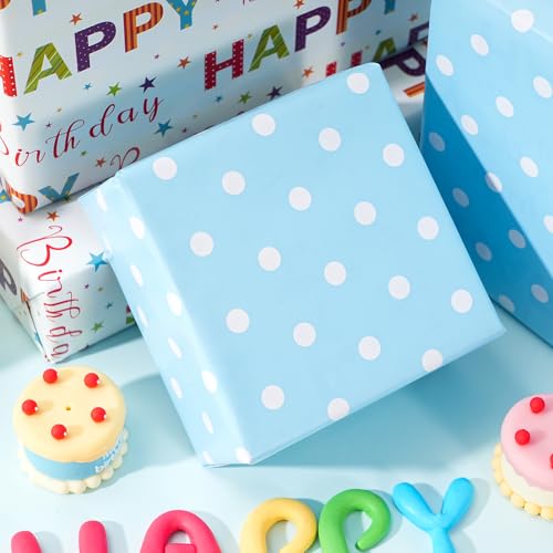 Ulmasinn Reversible Birthday Wrapping Paper Roll - 17” x 16.4 Ft, Double Sided Happy Birthday & Blue Polka Dots for Boys Girls Kids Party - color: Happy Birthday & Blue