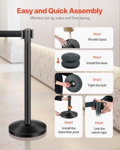 VEVOR Stanchion Post, 6 Pcs Stanchions with Retractable Belts, Carbon Steel Black Stanchions Queue with Sand Injection Hollow Base, Crowd Control Barriers for Theaters, Parties, Weddings, Exhibitions - color: Black