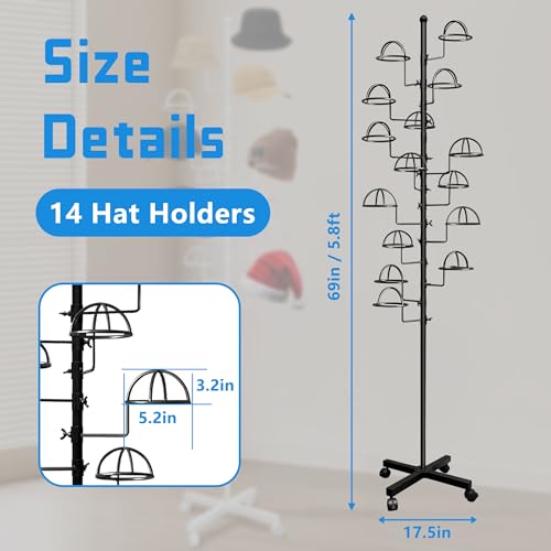 Montex Freestanding Hat Rack Stand, Wig Display Stand, Metal Hat Organizer Rack with 14 Customisable Circular Hooks, Hats Tree Stand Floor Standing Hat Display, Black - color: Black