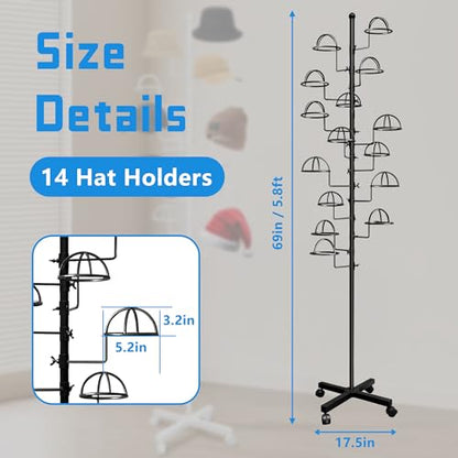 Montex Freestanding Hat Rack Stand, Wig Display Stand, Metal Hat Organizer Rack with 14 Customisable Circular Hooks, Hats Tree Stand Floor Standing Hat Display, Black - color: Black