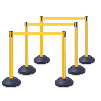 10 ft Crowd Control Stanchion Set, Yellow Crowd Control Barrier with Retractable Belts & Water-Filled Base, Queue Management Stanchion (6 Pack) - size: Water Filled Base-6 Pack