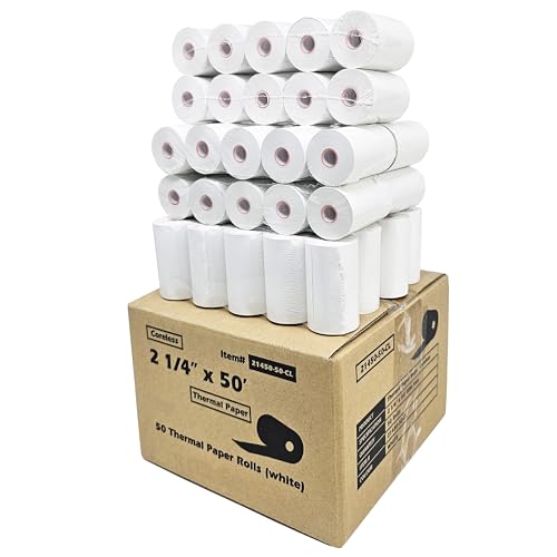 (50 Coreless Rolls) 2 1/4 x 50 Thermal Paper Receipt Rolls fits all Credit Card Terminals Verifone VX520 Ingenico ICT220 ICT250 BPA Free from BuyRegisterRolls