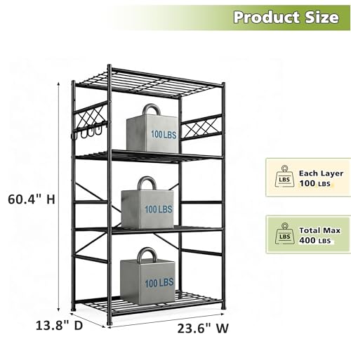 DurayLoly Heavy Duty 4-Tier 400LBS Metal Shelving with Hooks,Kitchen Pantry - size: 23.6" W x 13.8" D x 60.4" H (4T)