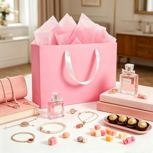 Epoesch 4 Pack Medium Pink Gift Bags with Handles and 12 Tissue Papers - color: Pink Gift Bags