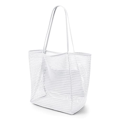 KALIDI Beach Mesh Tote Bag, Casual MAX 23L Summer Foldable Hobo Bag Women - color: White