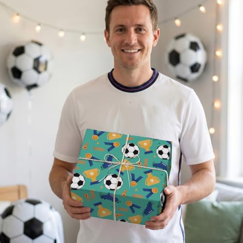 RUSPEPA Soccer Wrapping Paper Roll, Mini Roll, Football Trophy, Medal, Whistle & Cleats Design Gift Wrap Paper for Kids, Boys, Sports Fans, Team Celebration, Football Party, 17 Inches x 16.4 Feet - color: Soccer Trophy & Medal