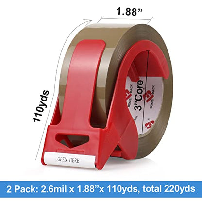BOMEI PACK Brown Packing Tape No Noise, 2 Pack Quiet Packaging Tape Refill with Dispenser, 1.88 inch x 110 Yards, Heavy Duty Shipping Tape for Sealing Packing, Moving, Office&Storage