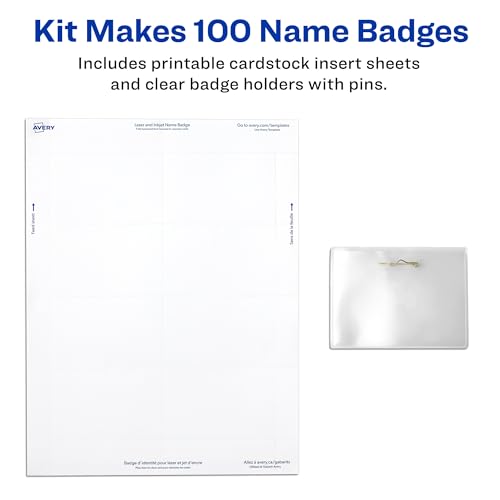 Avery® Customizable Name Badges, Pin Style, 2.25" x 3.5", Clear Name Tag Holders, White Laser/Inkjet Printable Inserts, 100 Total (74549) - size: 2.25" x 3.5", style: 100 badges & inserts