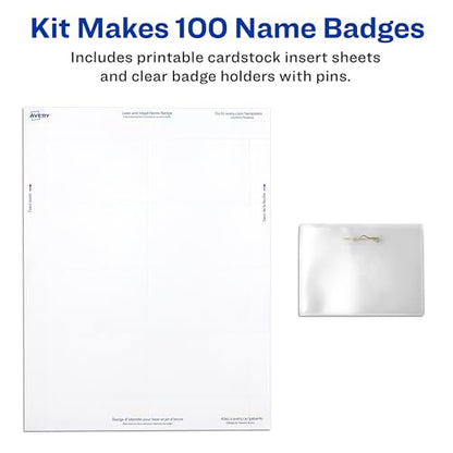 Avery® Customizable Name Badges, Pin Style, 2.25" x 3.5", Clear Name Tag Holders, White Laser/Inkjet Printable Inserts, 100 Total (74549) - size: 2.25" x 3.5", style: 100 badges & inserts